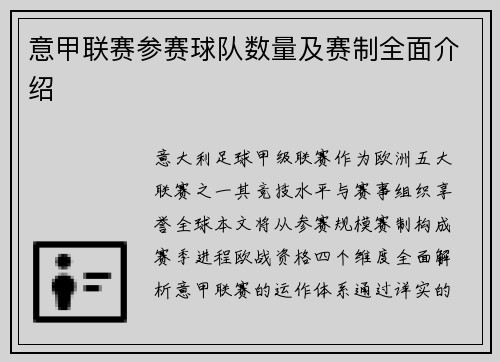 意甲联赛参赛球队数量及赛制全面介绍