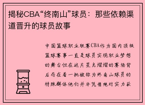 揭秘CBA“终南山”球员：那些依赖渠道晋升的球员故事